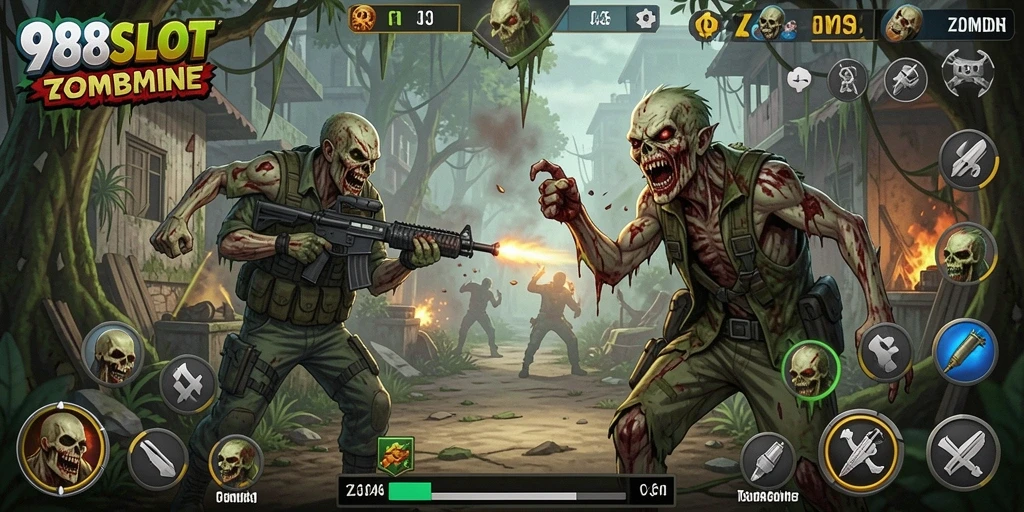 Antarmuka game 988SLOT dengan aksi menembak zombie yang mendebarkan.
