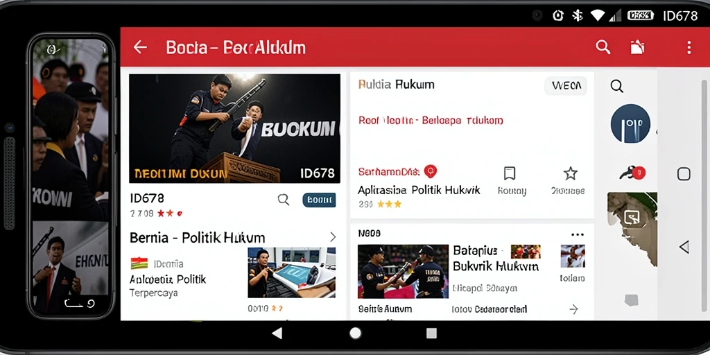 Antarmuka aplikasi ID678 menampilkan berita terkini tentang politik dan hukum.