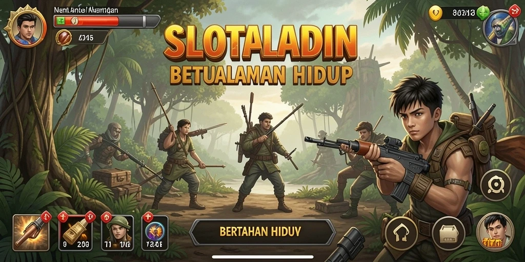 Antarmuka game SLOTALADIN yang menampilkan aksi bertahan hidup yang mendebarkan.
